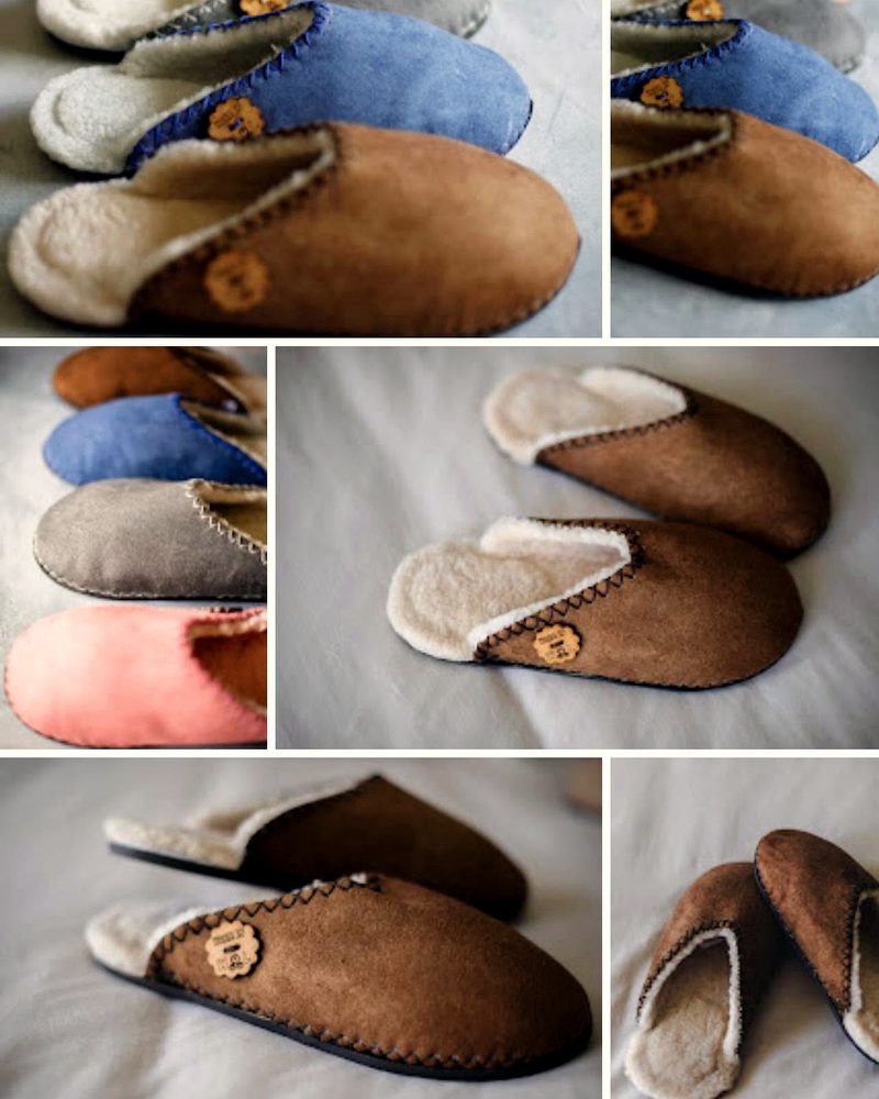 Slip-on slippers in blue, brown and pink